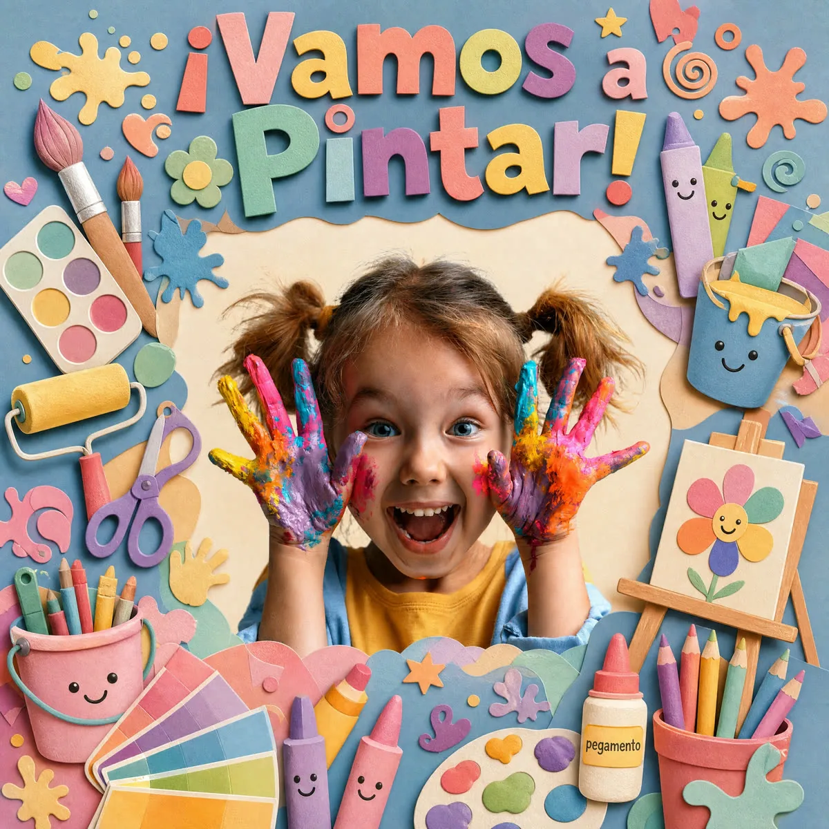 Girl laughing with paint-covered hands — ¡vamos a pintar!