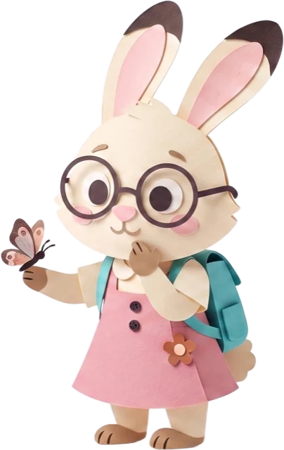 Paper-craft bunny with glasses, backpack, and a butterfly