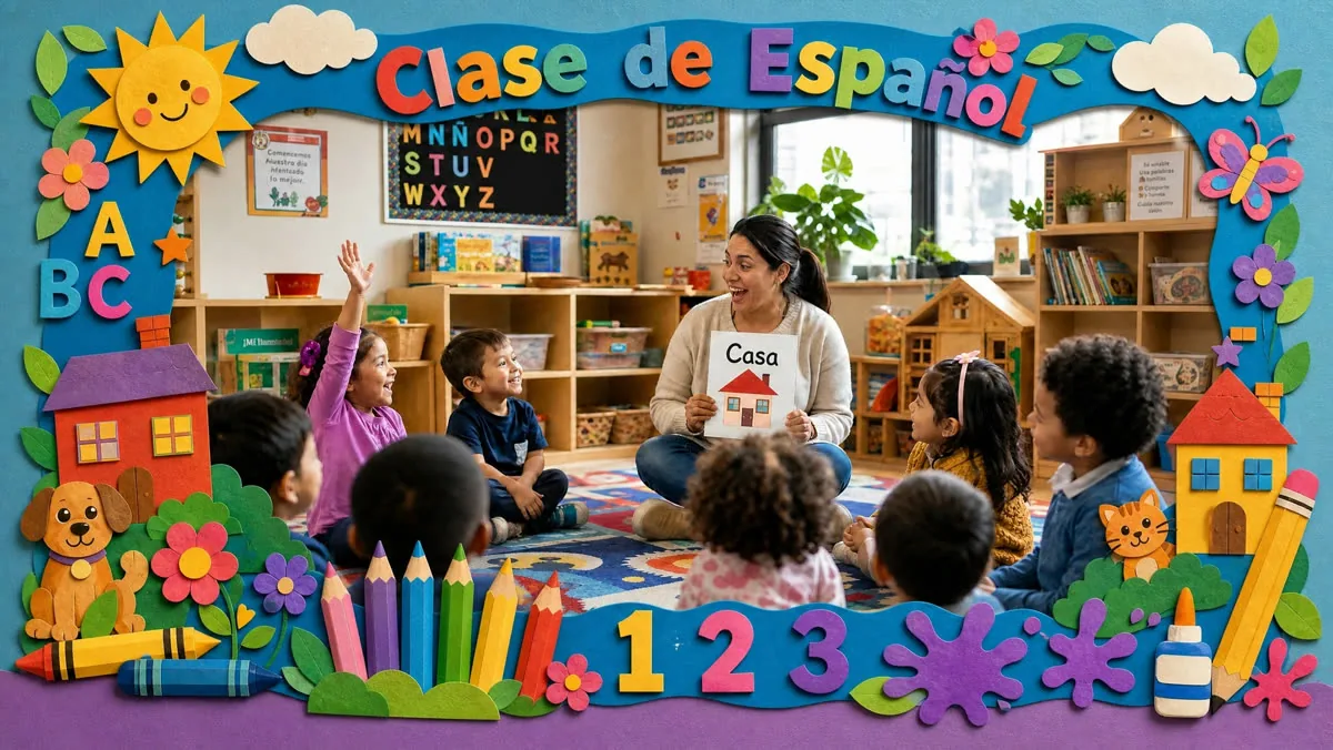 Children sitting in a circle with their teacher in Spanish class