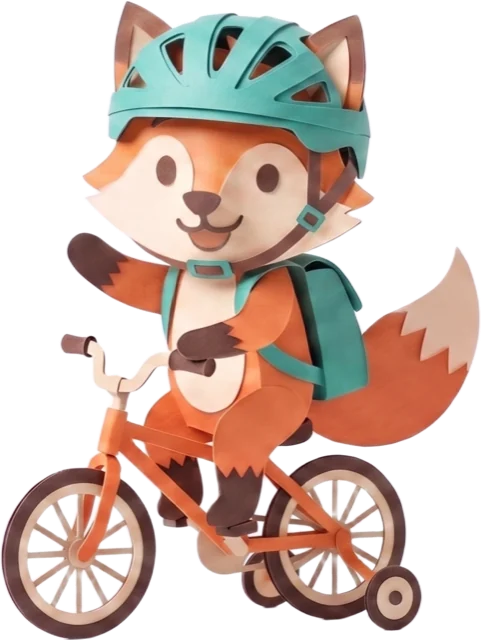 Paper-craft fox riding a bicycle