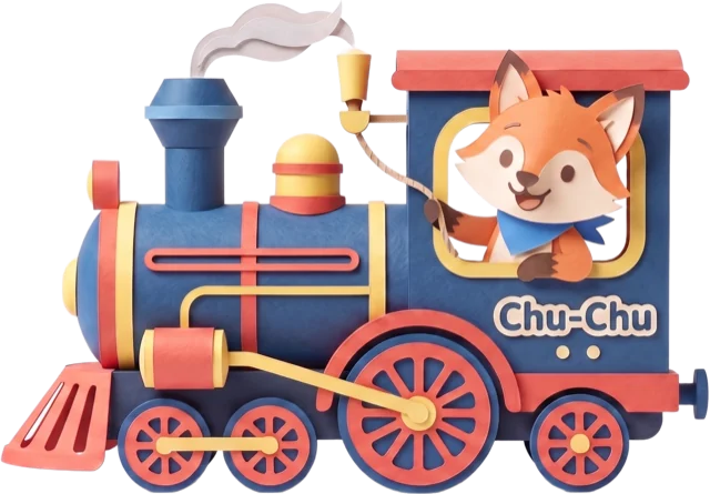Paper-craft toy train driven by the fox mascot