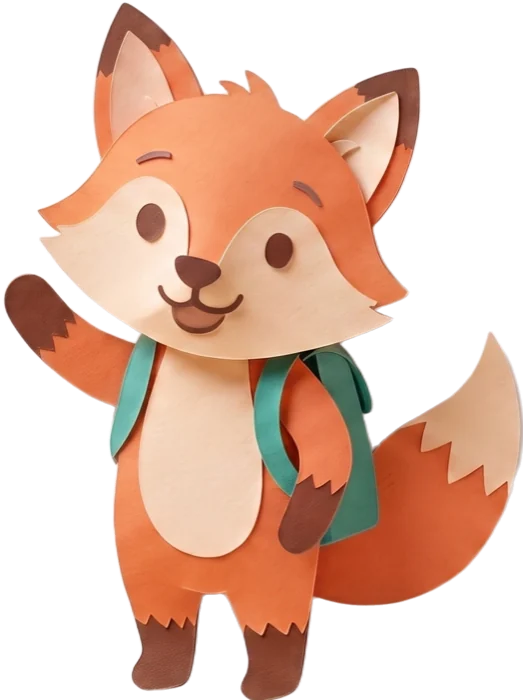 Paper-craft fox mascot waving hello
